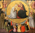 Crowning of Virgin with Sts Anthony, Augustine, Tobias & angels painting by Neri di Bicci of Florence at Petit Palais Museum. Avignon, France.