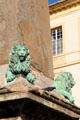 Bronze lion sculptures by Antoine Laurent Dantan on Arles Obelisk pedestal. Arles, France.