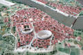 Scale model of Roman city of Arles with circular arena, semicircular theatre & Rhone River at Arles Antiquities Museum. Arles, France