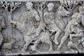 Detail of wild boar on carved hunting scene on Roman-era marble sarcophagus at Arles Antiquities Museum. Arles, France.