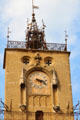 Upper details of clock tower of Aix-en-Provence city hall. Aix-en-Provence, France.