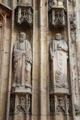 Statues of saint with sword plus book & St James on facade of St-Sauveur Cathedral. Aix-en-Provence, France.