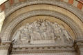 Crowning of Virgin Mary relief over entrance of Marseille Cathedral. Marseille, France.