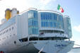 Cruise ship Costa Marina stern shows Italian design flair. Pointe-à-Pitre, Guadeloupe