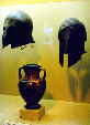 Helmets and amphora circa 515 to 510 BC at Cycladic Art Museum in Athens. Greece.