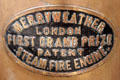 Maker's plaque on Merryweather steam fire engine pumper at National Transport Museum. Howth, Ireland.
