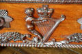 Irish harp carving on Cellarette in dining room at Dublin Castle. Dublin, Ireland