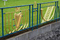 Garden of Remembrance fence with Irish harp, curved trumpet & sword symbols. Dublin, Ireland.
