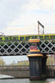 Commuter train on Loopline rail bridge over River Liffey. Dublin, Ireland.
