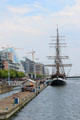 Jeanie Johnstone Tall Ship on River Liffey is replica of famine ship built in Canada which took emigrants to North America. Dublin, Ireland