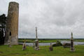 O'Rourke's Round tower at Clonmacnoise over River Shannon. Ireland.