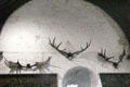 Extinct Irish deer antlers hung above high table in Great Hall at Bunratty Castle. County Clare, Ireland.