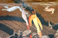 Detail of hunting dogs in battle of San Romano painting by Paolo Uccello at Uffizi Gallery. Florence, Italy.