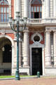 Italy room facade & street lamp detail of Palazzo Carignano on Piazza Carlo Alberto. Turin, Italy.