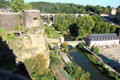 Ancient fortifications & Alzette river flowing past St.Jean Du Grund Church seen from Le Bock. Luxembourg, Luxembourg.