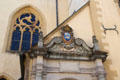 Ornate pediment above entrance to St Michael's Church in Fishmarket area of old town. Luxembourg, Luxembourg.