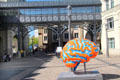 Street art of brain before footbridge between buildings of City Judiciaire. Luxembourg, Luxembourg.