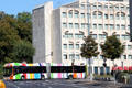 Streetscape along Boulevard Royal with brightly painted articulated bus. Luxembourg, Luxembourg.
