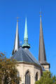 Choir & tall spires of Cathedral of Our Lady. Luxembourg, Luxembourg.