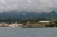 Fort St Louis & spire of Cathedral St Louis from sea. Fort de France, Martinique.