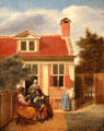 Figures in courtyard behind a house painting by Pieter de Hooch at Rijksmuseum. Amsterdam, NL.