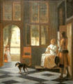 Man handing a letter to a woman in entrance hall of a house painting by Pieter de Hooch at Rijksmuseum. Amsterdam, NL.