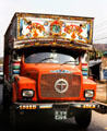 Colorful truck with religious symbols on road to Katmandu. Nepal.