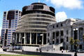 Parliament Beehive & assembly in New Zealand's capital with Bowen House beyond. Wellington, New Zealand