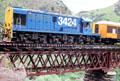 Taieri Gorge Rail Road diesel locomotive crossing over girder bridge. New Zealand.