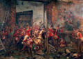 Closing Gates at Hougoumont chateau by Coldstream Regiment during battle of Waterloo painting by Robert Gibb at National War Museum of Scotland. Edinburgh, Scotland.