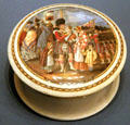 Highlanders embarking for Crimean War printed on ceramic pomatum pot of hair ointment at National War Museum of Scotland. Edinburgh, Scotland.