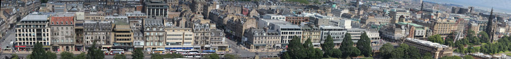 Panorama of Princes Street in New Town from Edinburgh Castle. Edinburgh, Scotland