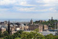 Spires of Scott Monument, Balmoral Hotel & Nelson Monument on Calton Hill from Edinburgh Castle. Edinburgh, Scotland.