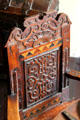 Carved chair back in painted chamber at Gladstone's Land tenement house. Edinburgh, Scotland.
