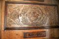 Carved oak panel with lion at John Knox House. Edinburgh, Scotland.