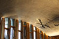 Interior woodwork & abstract ceiling crosses inspired by Scottish flag at Scottish Parliament. Edinburgh, Scotland.