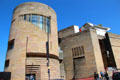Modern circular entrance tower of National Museum of Scotland. Edinburgh, Scotland.