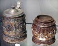 Salt-glazed stoneware tankards from Germany at National Museum of Scotland. Edinburgh, Scotland.
