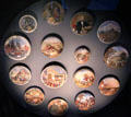 Earthenware printed food jar & pot lids from Staffordshire, England at National Museum of Scotland. Edinburgh, Scotland.