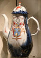 Porcelain coffee pot with arms of Pringle of Stitchill, Roxburghshire by William Littler's West Pans Pottery of East Lothian, Scotland's first porcelain factory at National Museum of Scotland. Edinburgh, Scotland.
