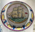 Earthenware punchbowl shows whaling ship inscribed "Success to Whale Fishers - George & Janet Thomson prob. by Thomas Rathbone's Pottery at National Museum of Scotland. Edinburgh, Scotland.