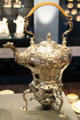 Silver tea kettle on lamp stand engraved with arms of Hopes of Hopetoun by John Cann or J. Collins of London at National Museum of Scotland. Edinburgh, Scotland.