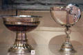 Silver Watson mazer with wood bowl & Heriot Loving Cup using nautilus shell on silver stand at National Museum of Scotland. Edinburgh, Scotland.