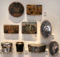 Collection of wood & silver snuff boxes at National Museum of Scotland. Edinburgh, Scotland.