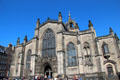 Gothic entrance facade of St Giles Cathedral on Royal Mile with parts of church dating from 1385-1410. Edinburgh, Scotland.