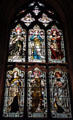 Stained glass window with figures representing Faith, Hope, Charity, Truth, Justice, & Mercy at St Giles Cathedral. Edinburgh, Scotland.