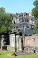 Monuments with city beyond at Greyfriars Kirk. Edinburgh, Scotland.