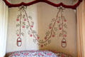 Details of four poster bed embroidered hangings with slipper like pockets for holding small objects in bedchamber at Georgian House museum. Edinburgh, Scotland.