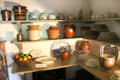 Pantry with stoneware food storage jars in kitchen at Georgian House museum. Edinburgh, Scotland.