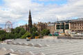 Waverley rail station roof with Scott Monument & Princes Street beyond. Edinburgh, Scotland.